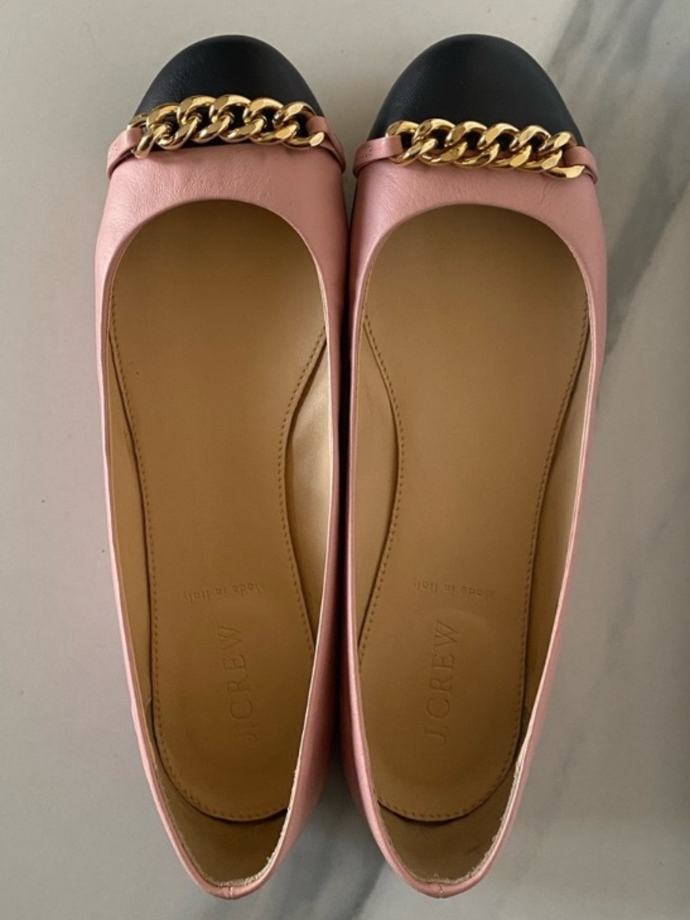 J. Crew Nora Leather Chain Cap Toe Ballet Flats Preppy Classic Feminine